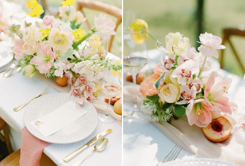 Elegant yellow and peach wedding table styling