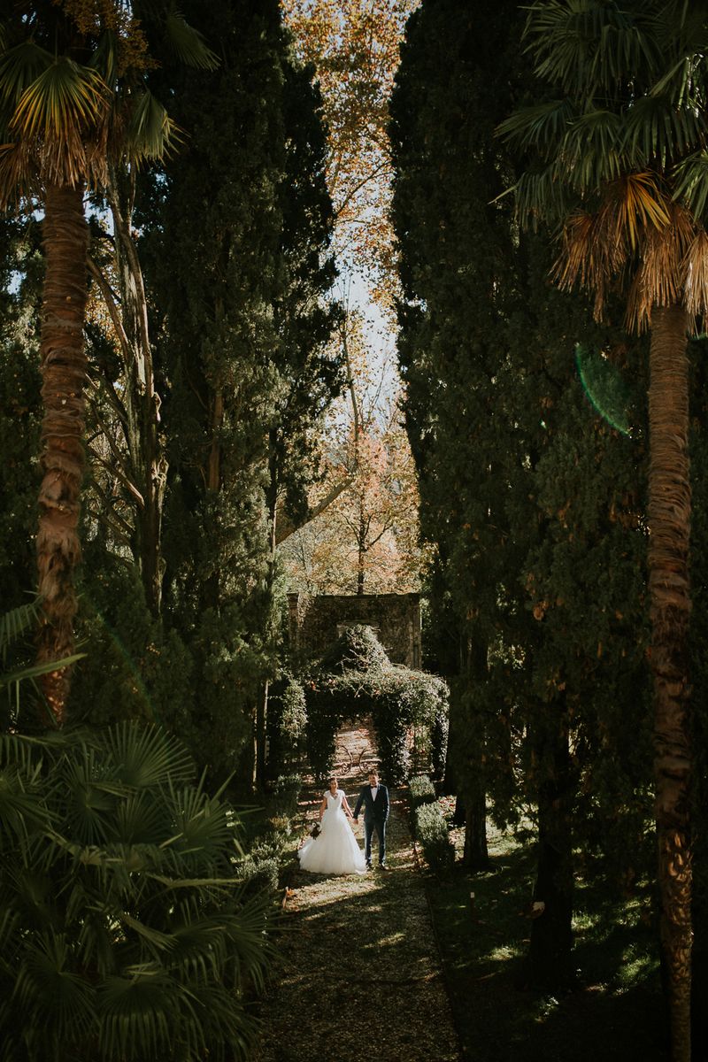 Bride and groom holding hands surrounded by tall trees in Tuscany