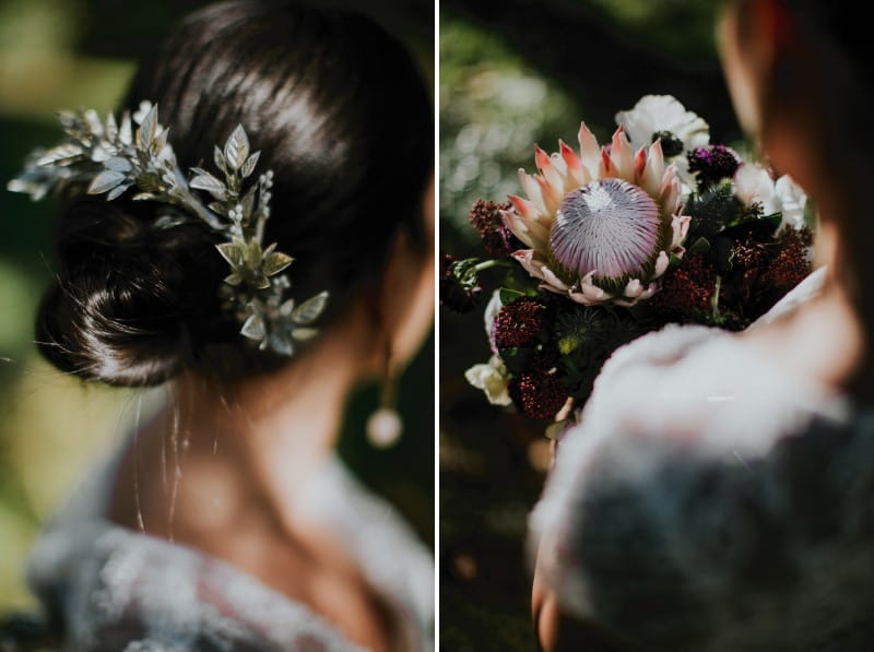 Bride's leaf hair accessory and exotic flower in bouquet