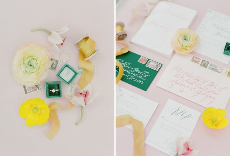 Yellow flowers and ribbon with wedding stationery