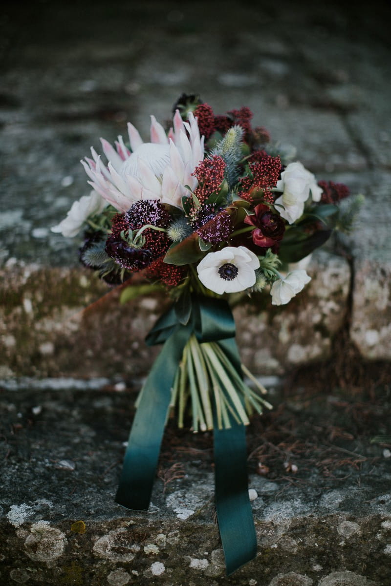 Red and white winter wedding bouquet