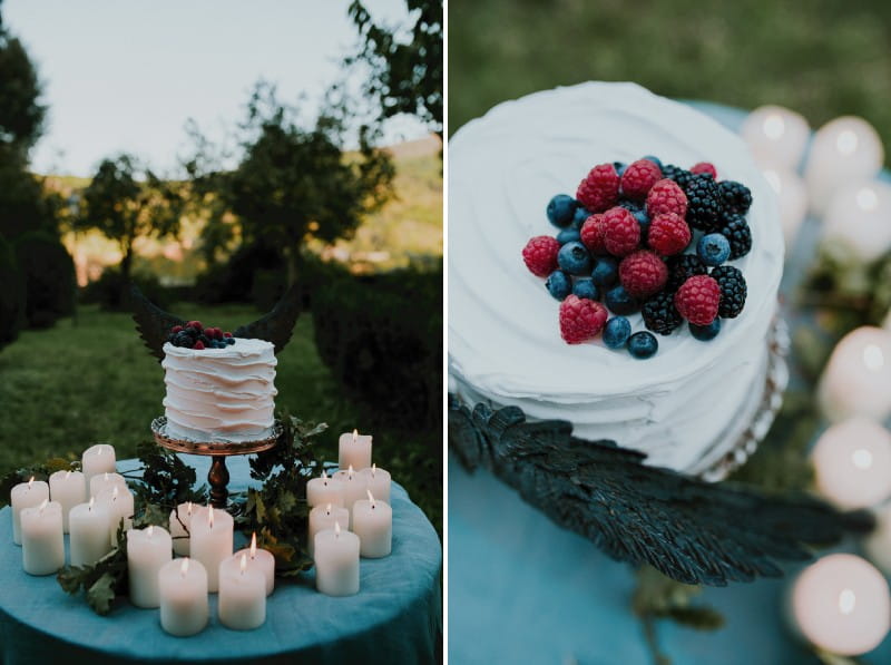 Simple white wedding cake with red and blue berries