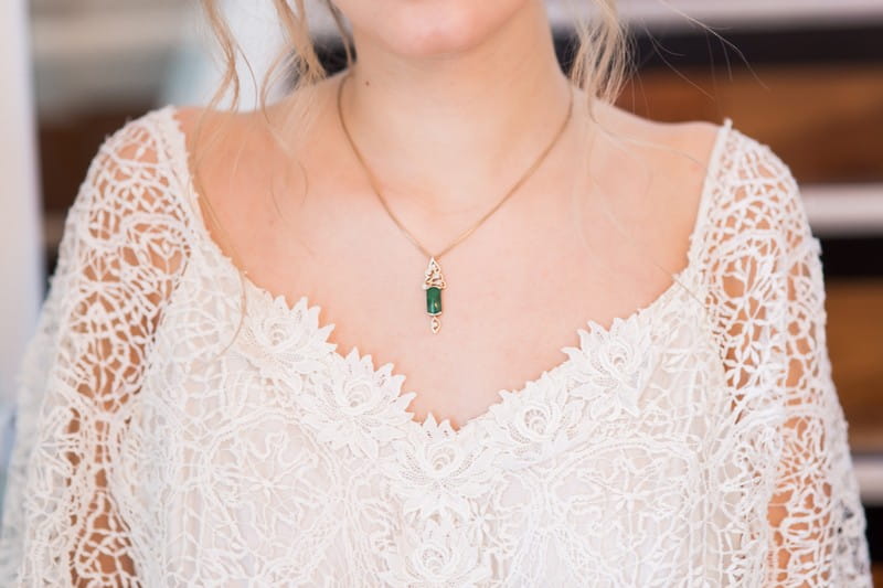 Green pendant on bridal necklace