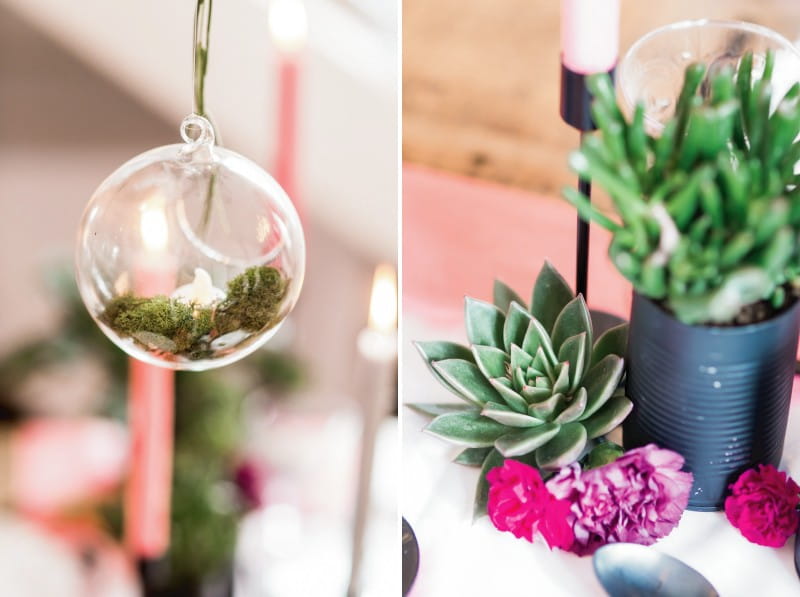 Fern in glass bauble and succulents