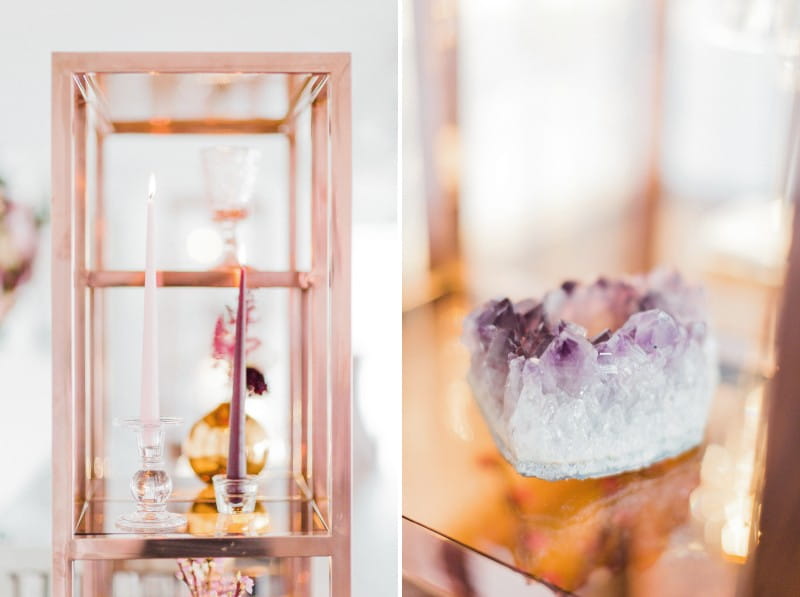 Rose gold shelving with amethyst