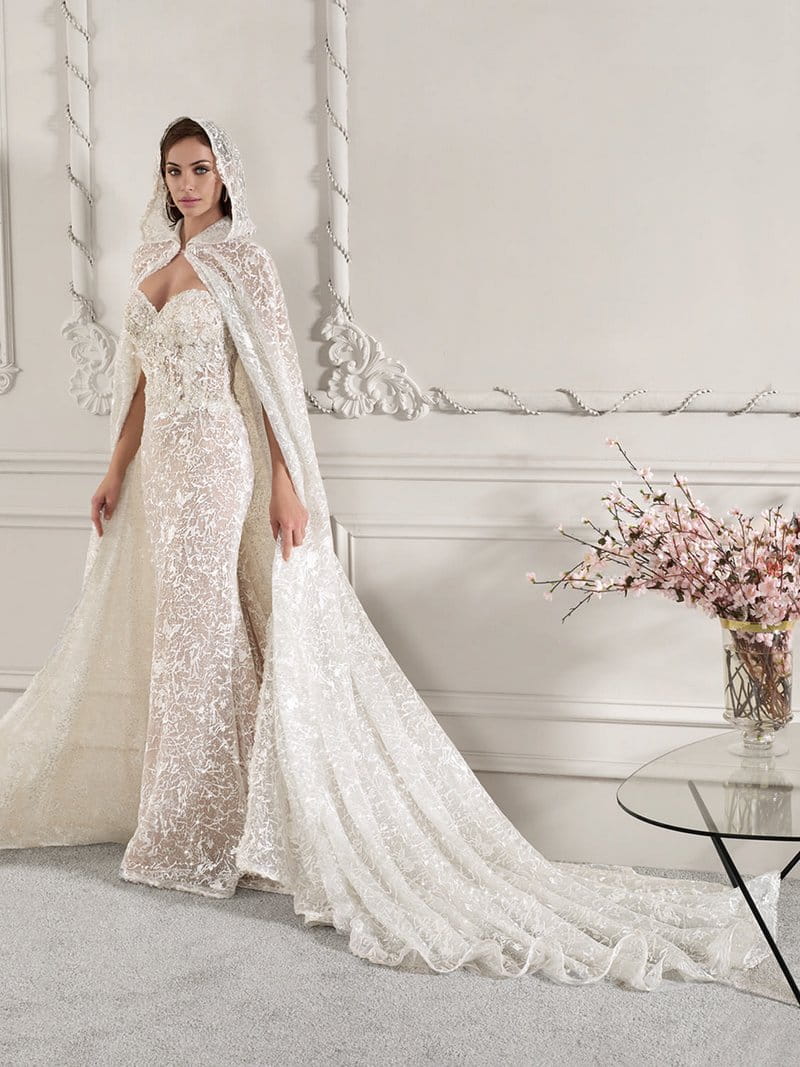 887 Wedding Dress with Hooded Cape from the Demetrios Starlight 2019 Bridal Collection