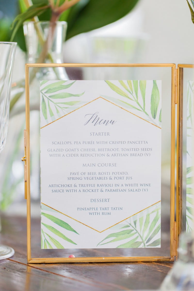 Wedding menu with tropical palm design