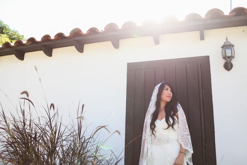 Bride wearing long lace veil