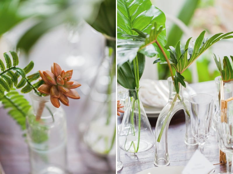 Tropical leaves and plants on wedding table