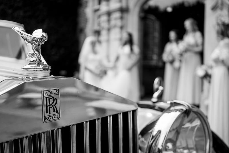 Mascot on front of vintage Rolls Royce wedding car