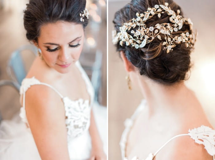 Floral accessory in bride's updo hairstyle