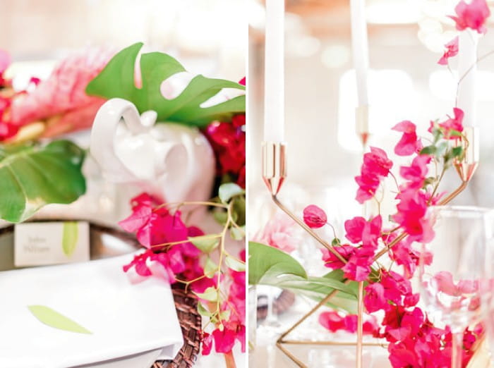 Elephant ornament wedding table decoration with bougainvillea and candles