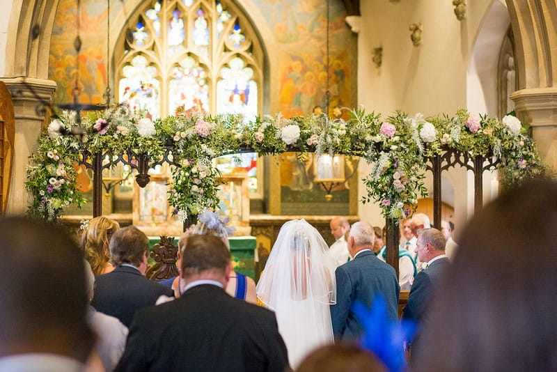 Flowers over altar for wedding ceremony