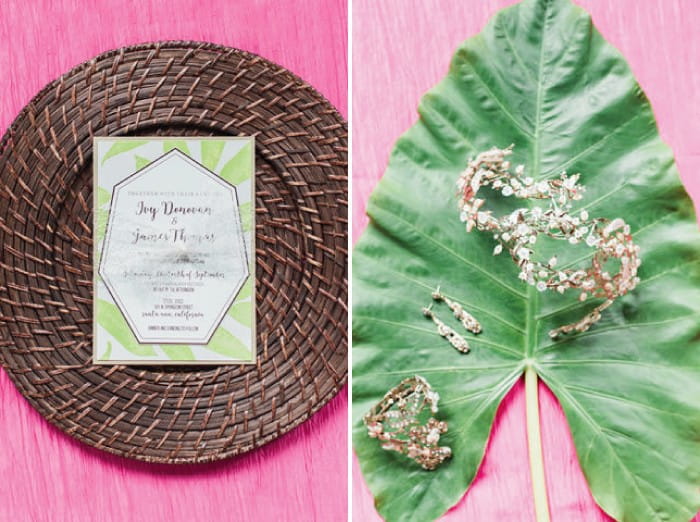 Tropical wedding stationery and bridal jewellery on palm leaf