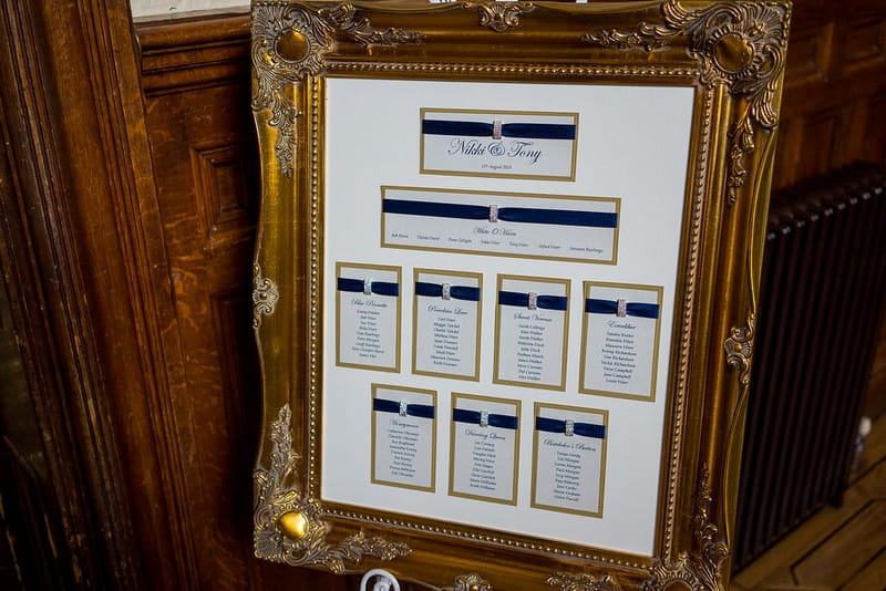 Blue and gold wedding table plan in elegant frame