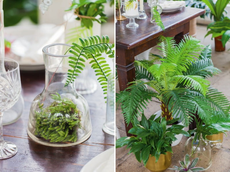 Tropical foliage wedding table decor