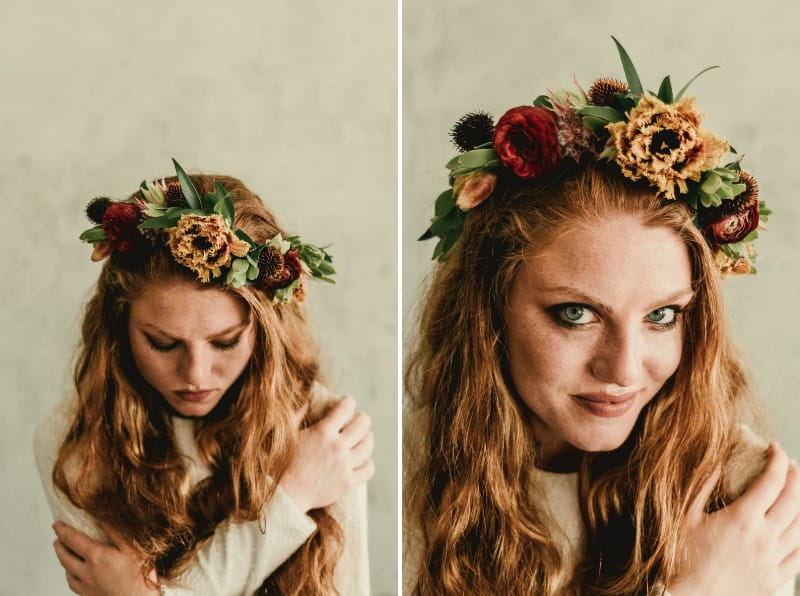 Bride wearing autumn flower crown
