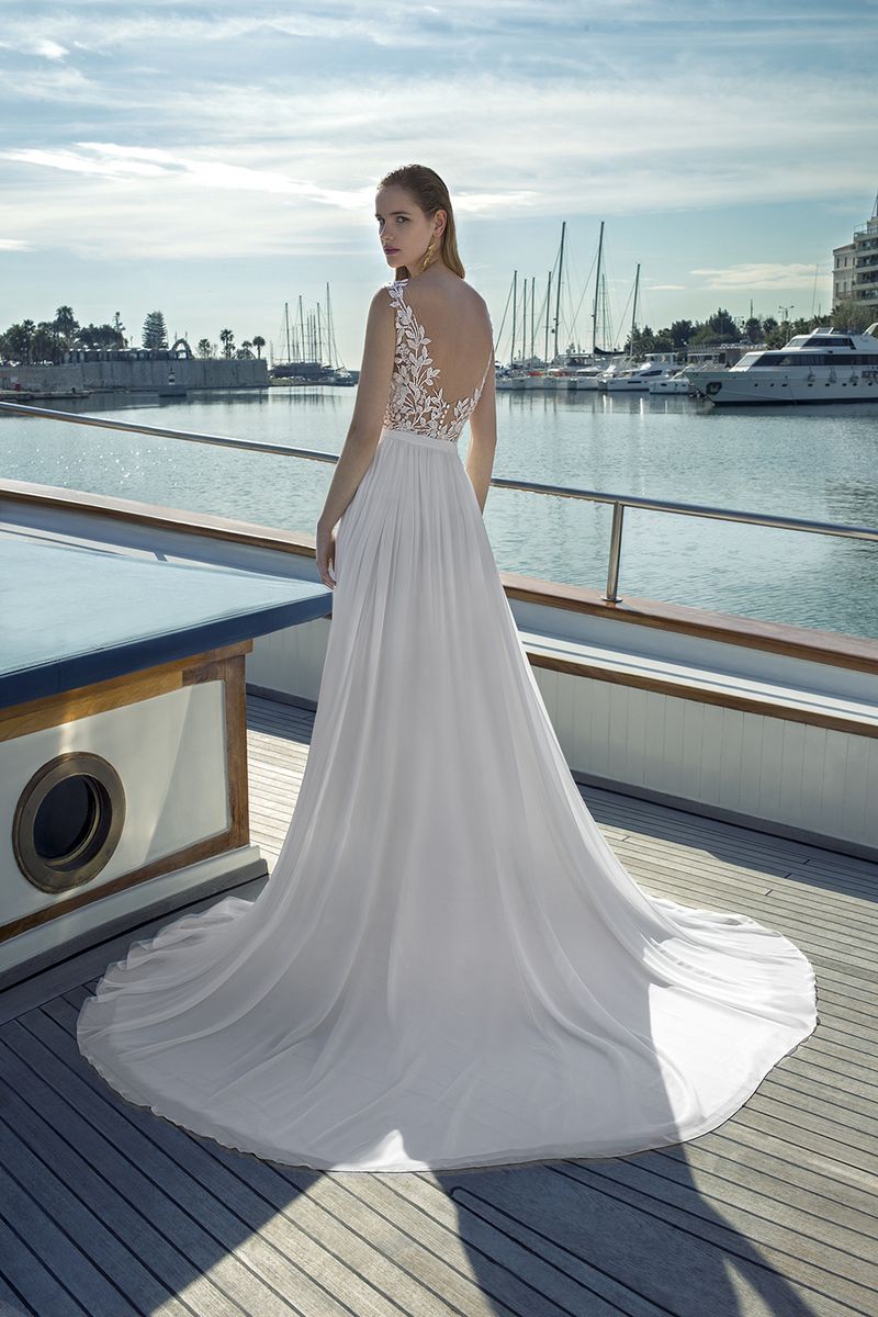 Back of DR277T Bodysuit with DR271S Skirt from the Demetrios Destination Romance 2019 Bridal Collection