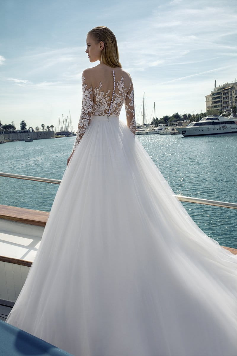 Back of DR279T Bodysuit with DR266S Skirt from the Demetrios Destination Romance 2019 Bridal Collection