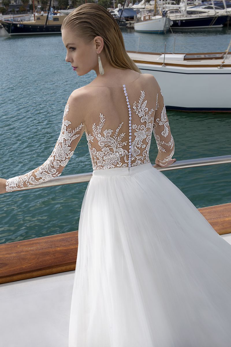 Detail on Back of DR279T Bodysuit with DR266S Skirt from the Demetrios Destination Romance 2019 Bridal Collection