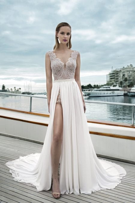 DR281T Bodysuit with DR269S Skirt from the Demetrios Destination Romance 2019 Bridal Collection