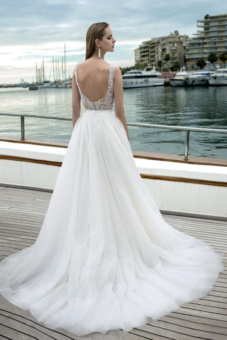 Back of DR281T Bodysuit with DR272S Skirt from the Demetrios Destination Romance 2019 Bridal Collection