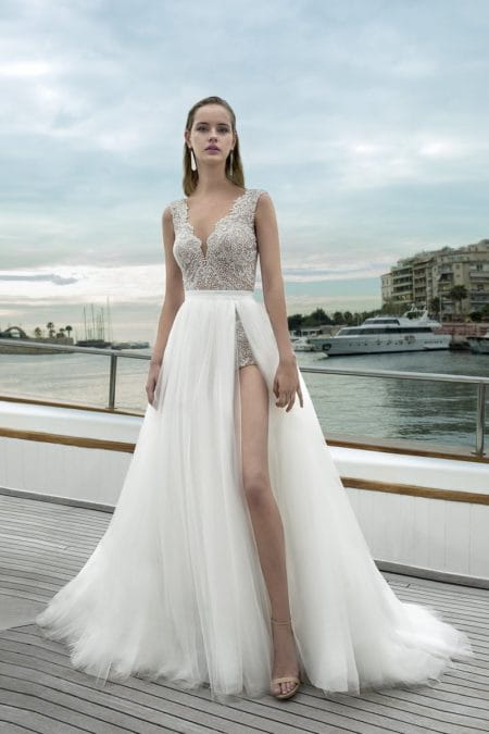 DR281T Bodysuit with DR272S Skirt from the Demetrios Destination Romance 2019 Bridal Collection