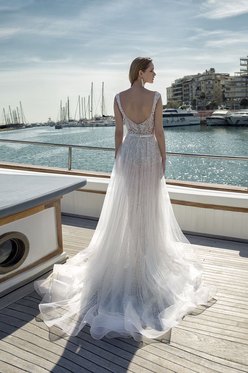 Back of DR281T Bodysuit with DR273S Skirt from the Demetrios Destination Romance 2019 Bridal Collection