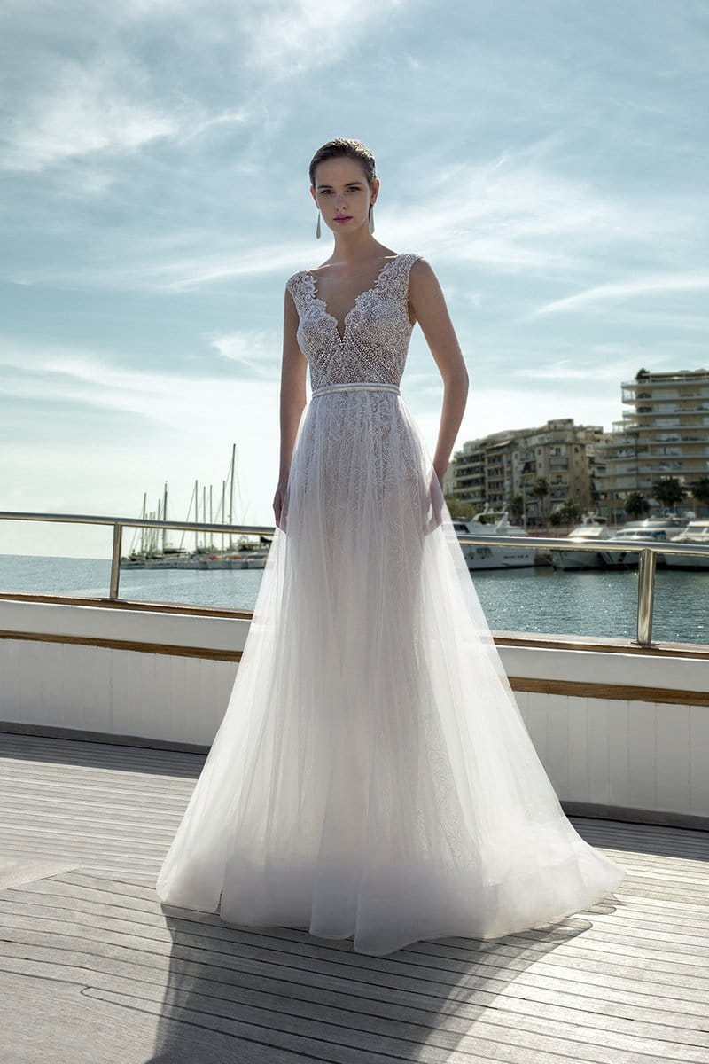 DR281T Bodysuit with DR273S Skirt from the Demetrios Destination Romance 2019 Bridal Collection