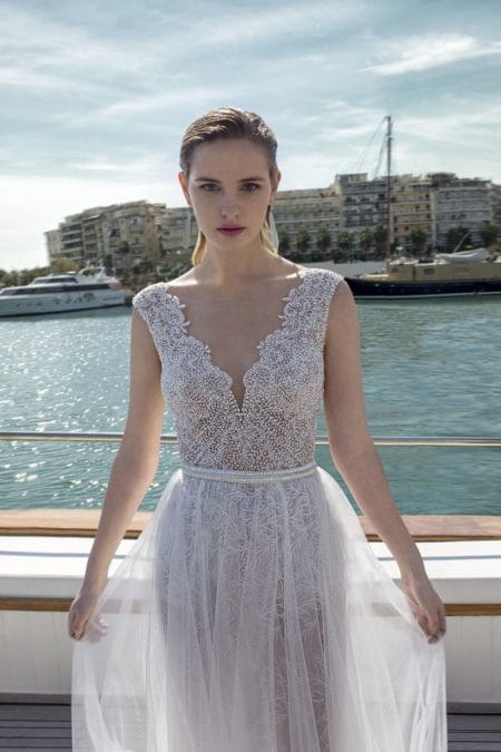 Detail on DR281T Bodysuit with DR273S Skirt from the Demetrios Destination Romance 2019 Bridal Collection