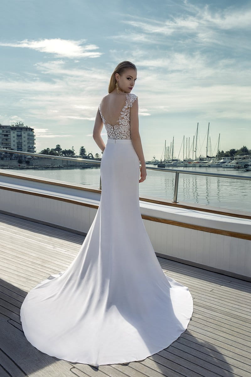 Back of DR285T Bodysuit with DR267S Skirt from the Demetrios Destination Romance 2019 Bridal Collection