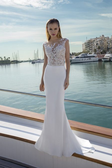 DR285T Bodysuit with DR267S Skirt from the Demetrios Destination Romance 2019 Bridal Collection