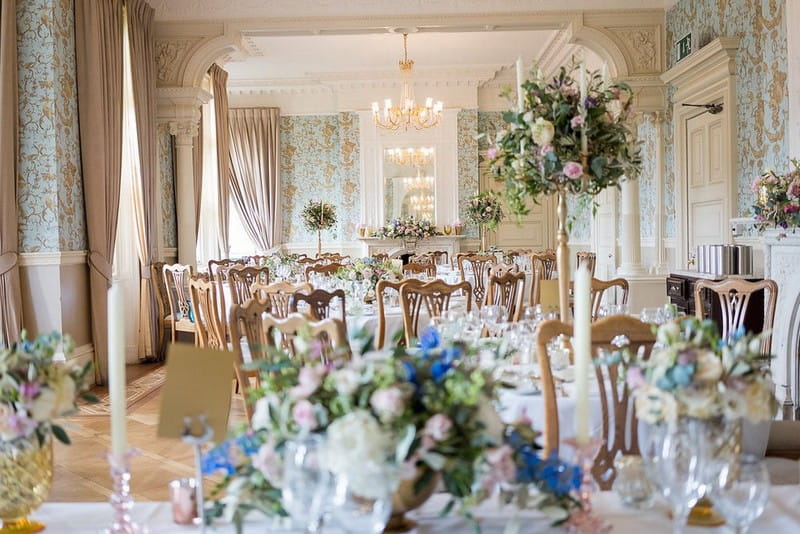 Elegant wedding tables with garden flowers at Pendley Manor