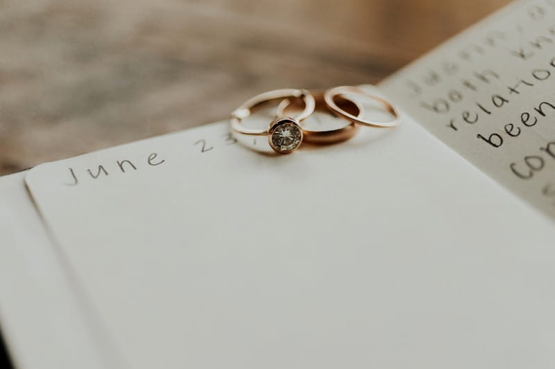 Wedding rings on top of wedding date in diary