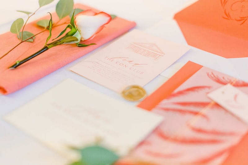 Coral coloured bridal shower stationery
