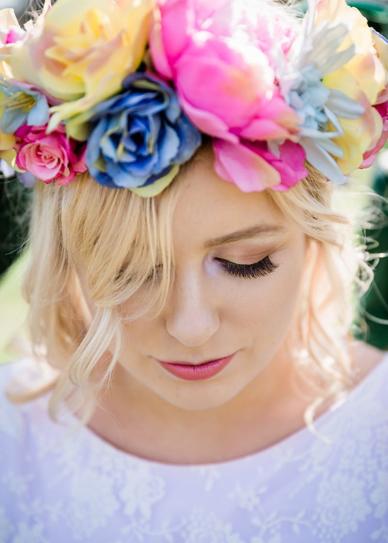 Bridesmaid with bright faux flower crown