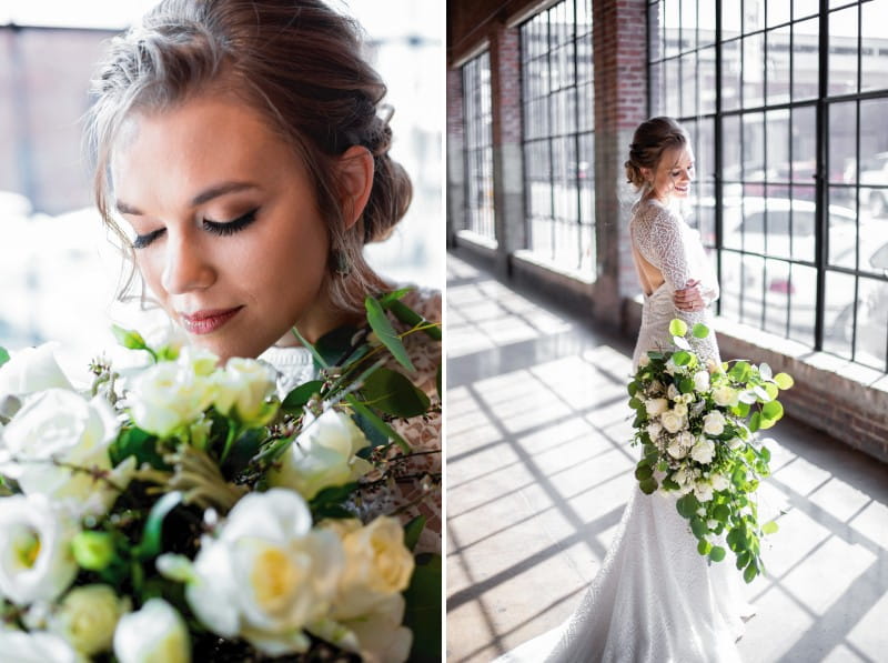 Bride with large bouquet of foliage and white roses