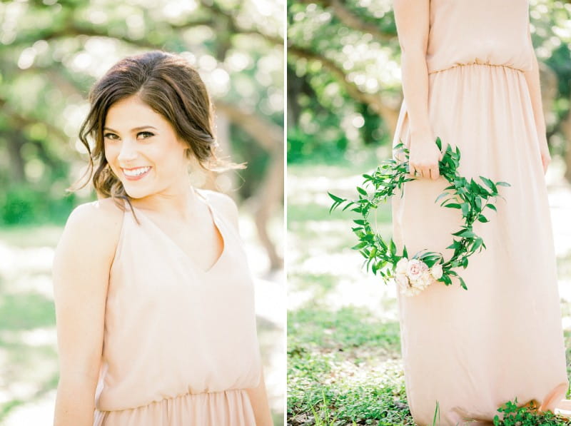 Bridesmaid in peach dress with foliage hoop