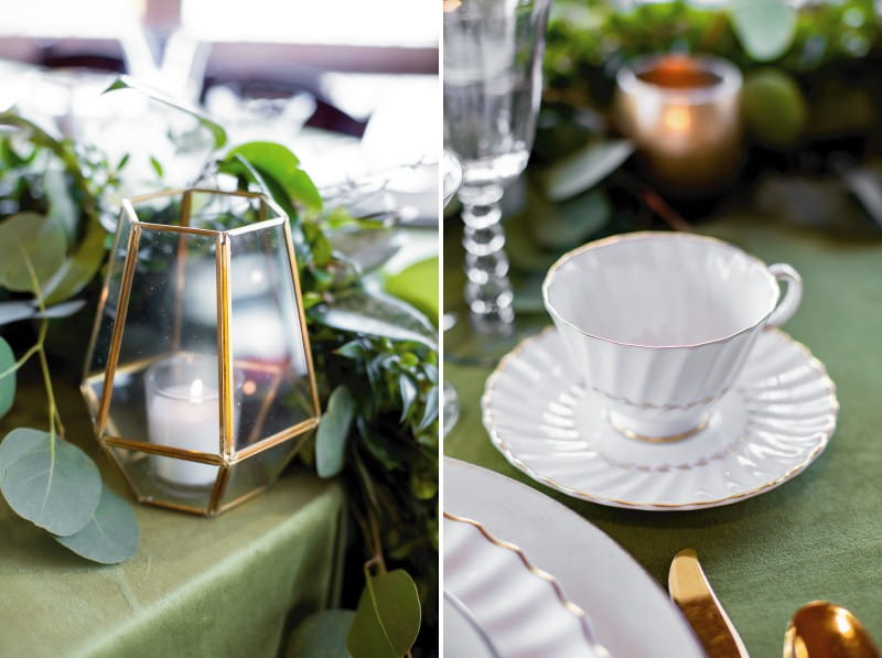 Gold geometric lantern and china cup on wedding table