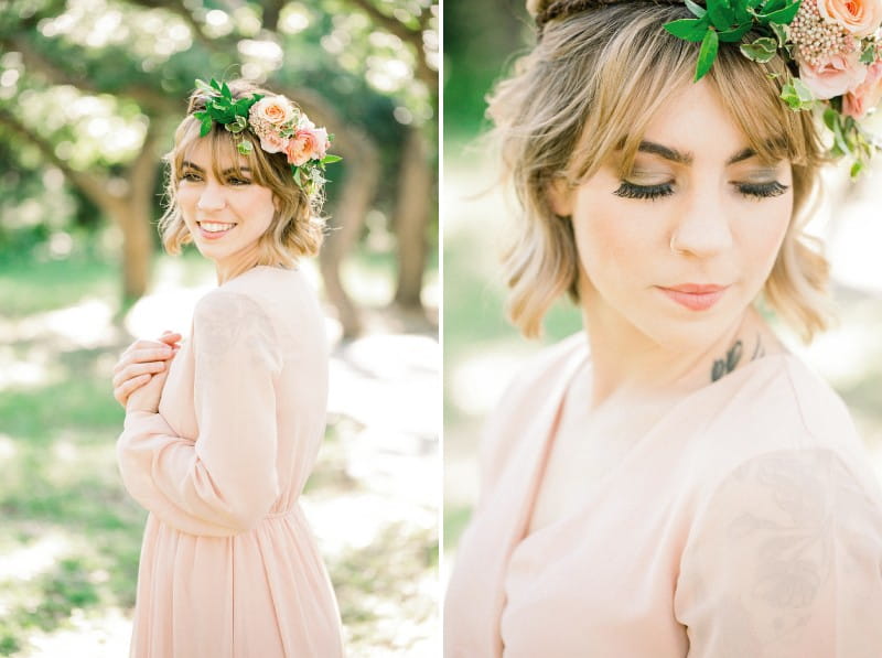 Bridesmaid wearing peach dress and flowers in her hair