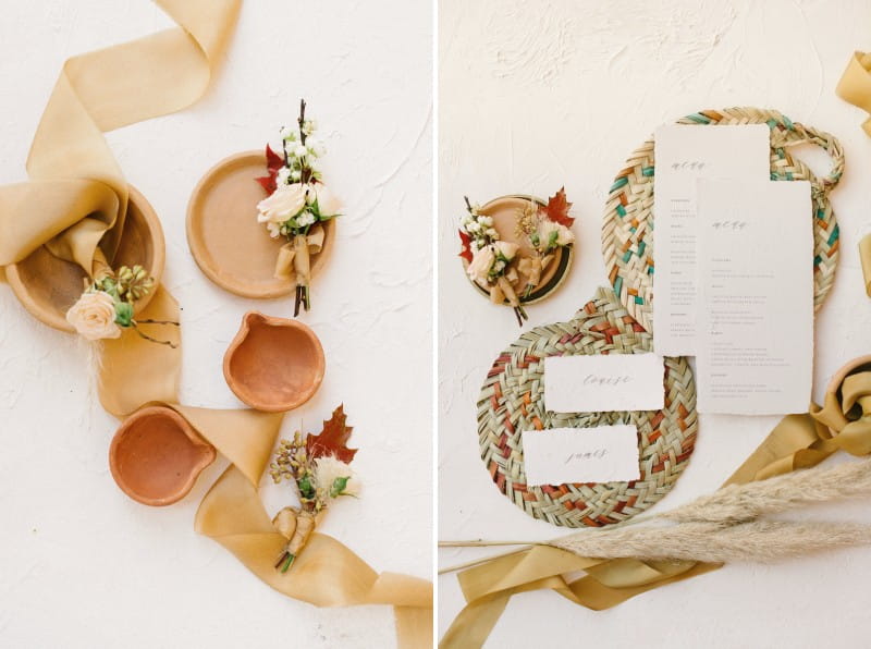 Pots, buttonholes, ribbon and woven table mats