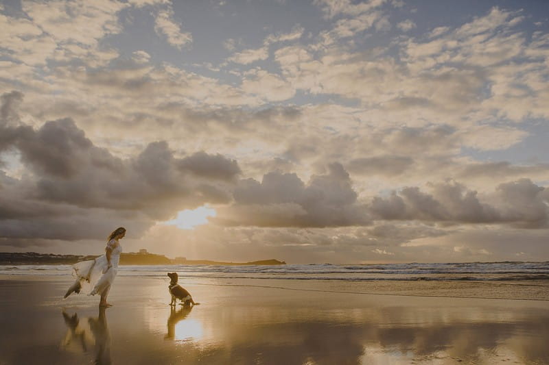 Dog sitting in front of bride on beach - Picture by Abi Riley Photography