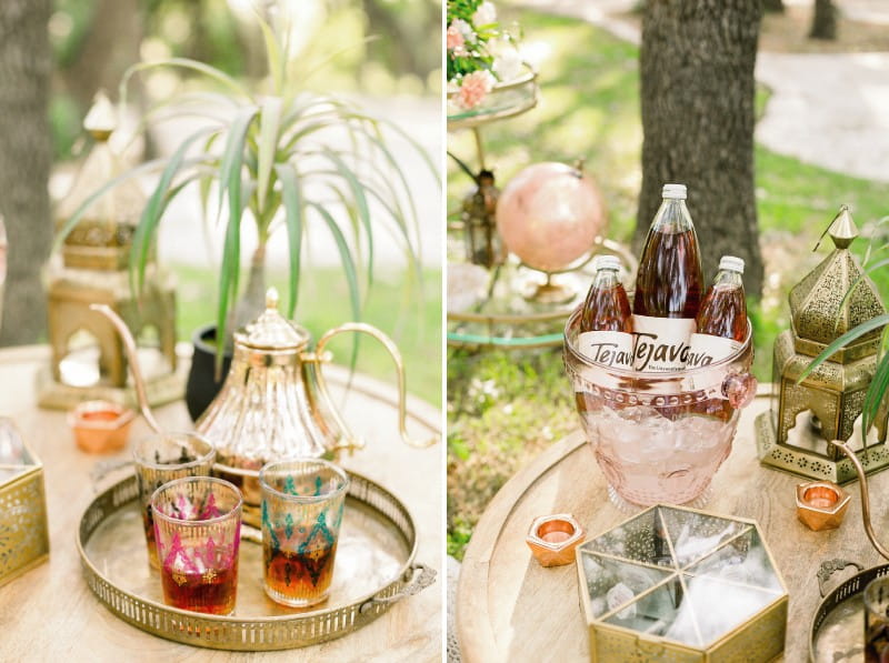 Moroccan teapot, tea glasses and bottles of iced tea