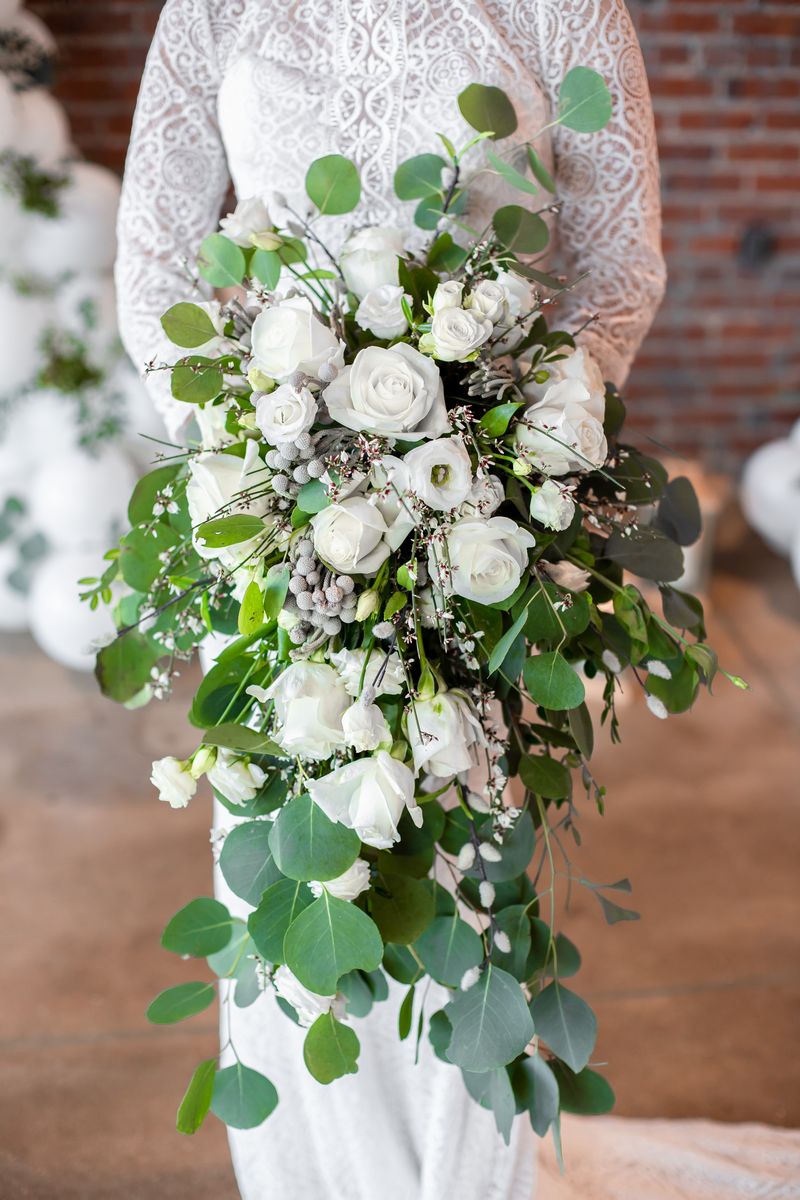 Bride holding cascading bouquet with white roses and green foliage