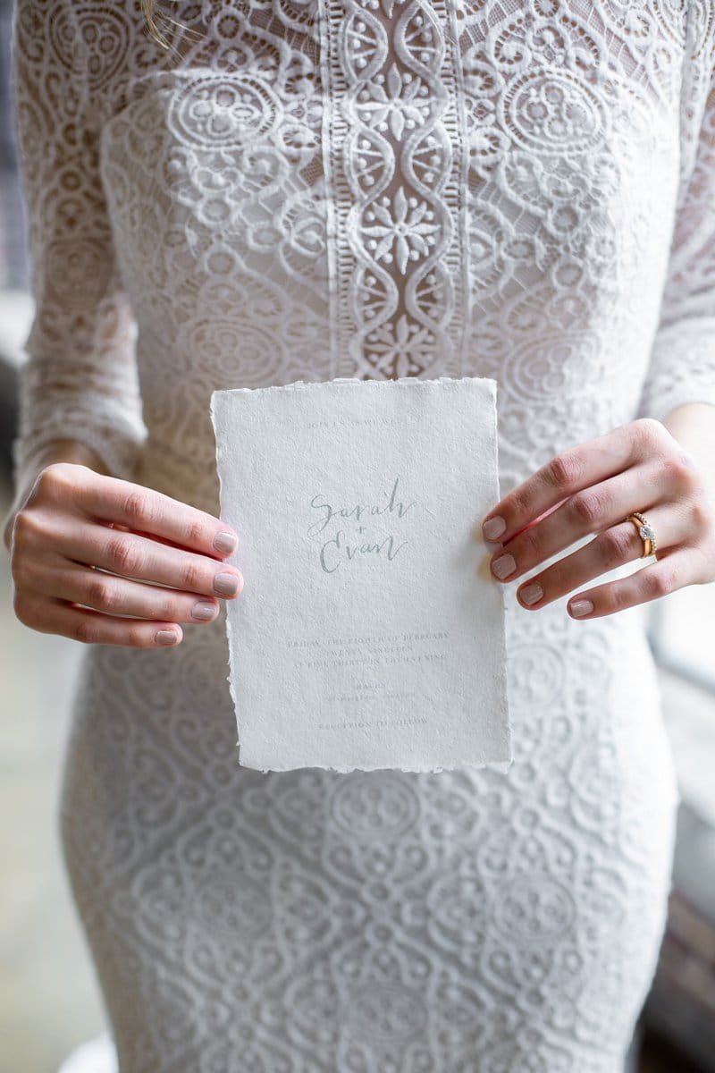 Bride holding wedding invitation