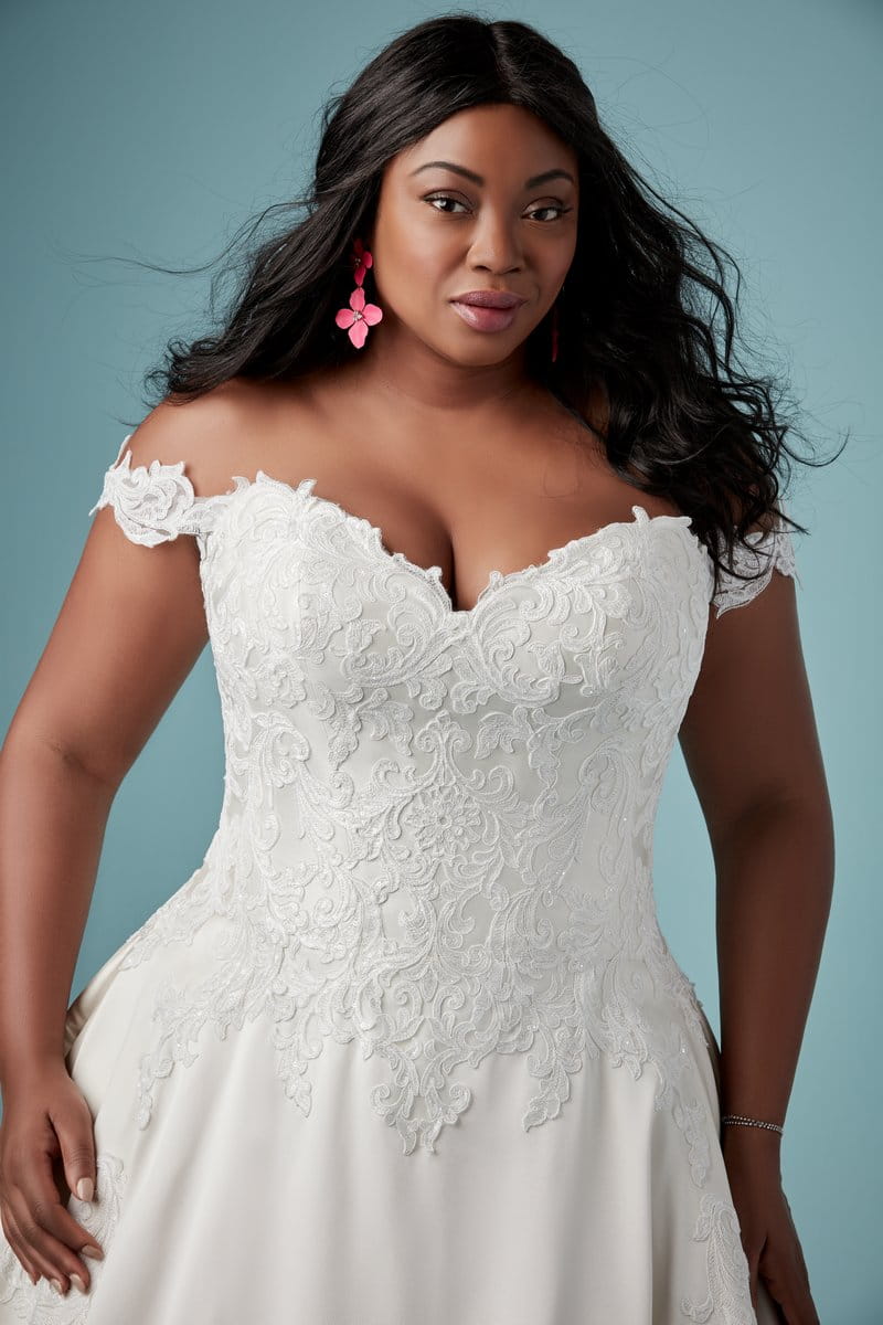 Detail on Sheridan Plus Size Wedding Dress with Detachable Sleeves from the Maggie Sottero Ambrose Fall 2019 Bridal Collection