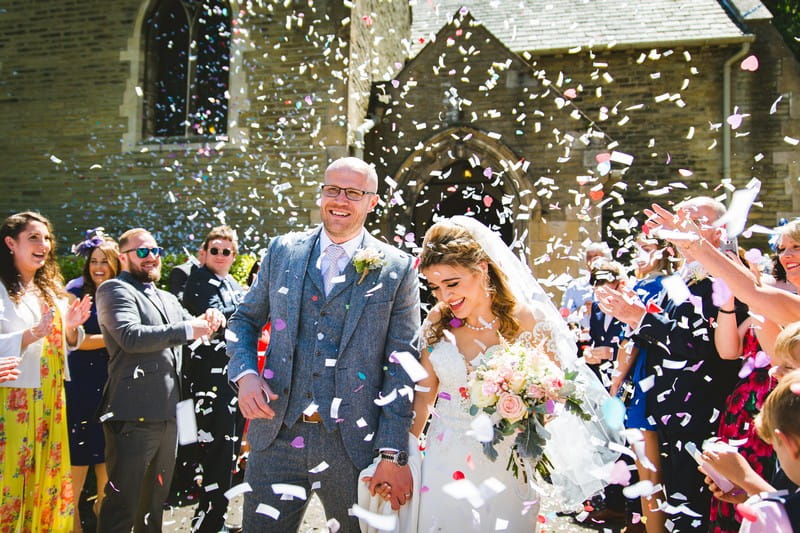 Wedding confetti shot outside church