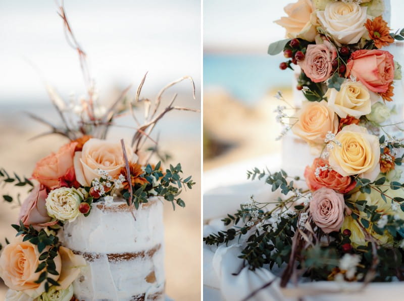 Fresh flowers and foliage on naked wedding cake