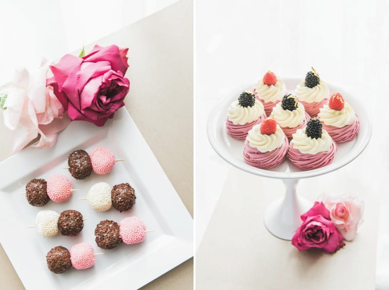 Pink, white and brown chocolate truffles and pink swirl cupcakes