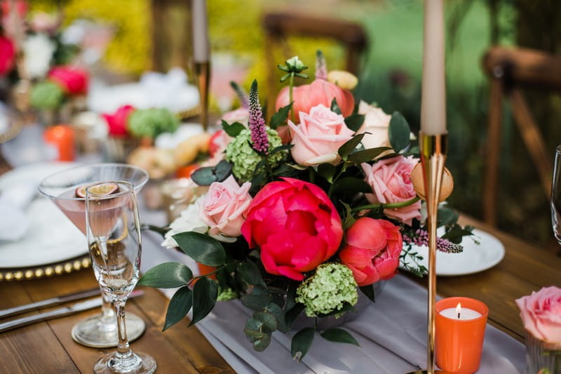 Pink and coral wedding table flowers
